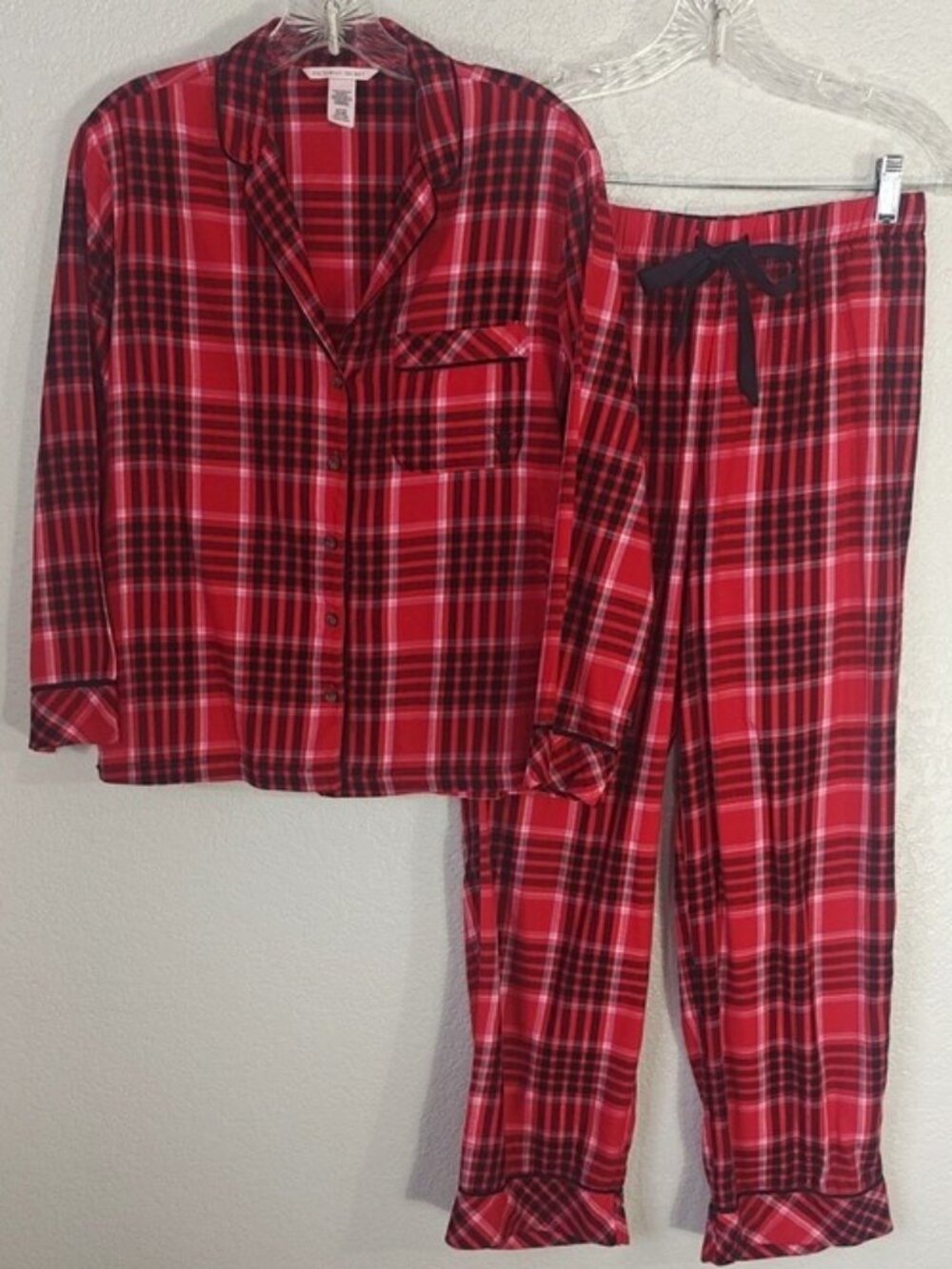 Victoria's Secret Sz S Pajama Set Red Black Plaid Long Sleeve Top Pants Pockets